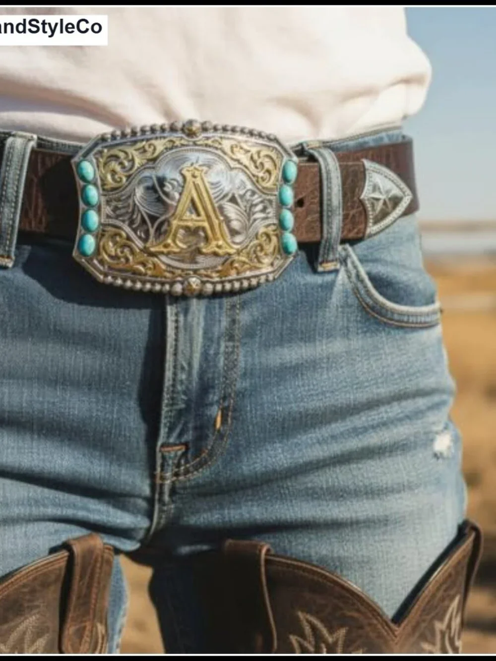 Western Cowboy Belt Buckle with Initials Turquoise Design Zinc Alloy